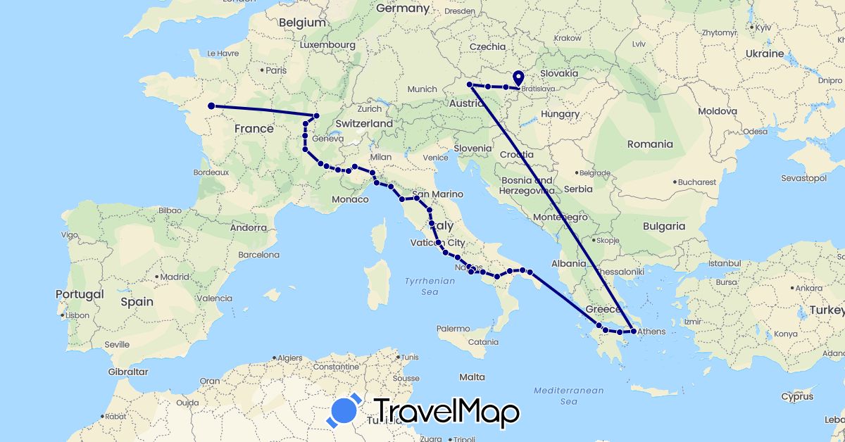 TravelMap itinerary: driving in Austria, France, Greece, Italy, Slovakia (Europe)